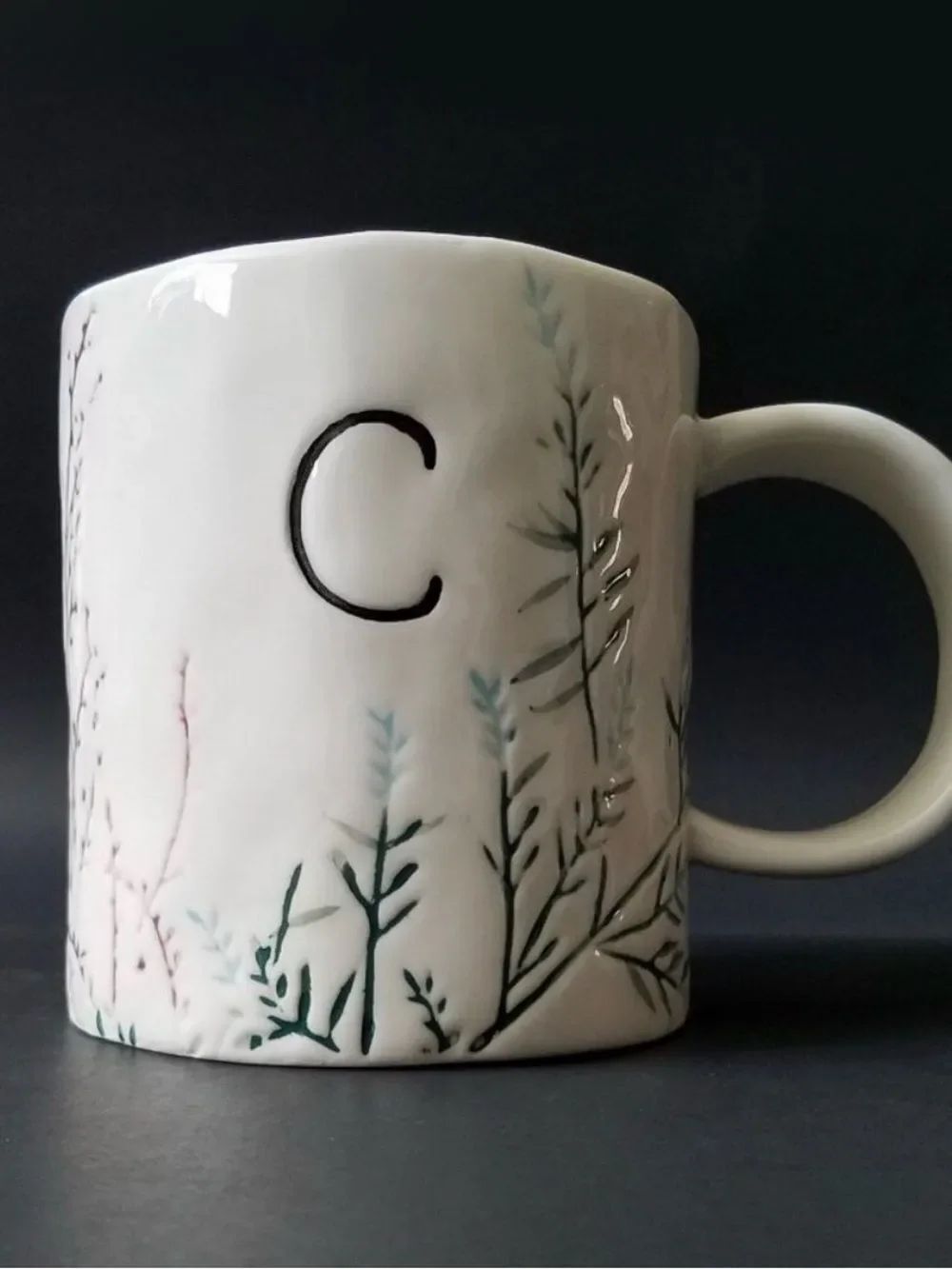Anthropologie DAGNY Monogram Initial Letter C Textured Botanical Ceramic Mug